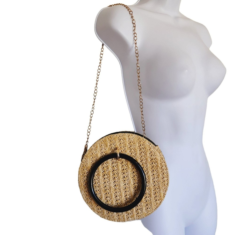 Circle Round Straw Purse bag ring handle Beige Crossbody Bag Boho Handwoven
